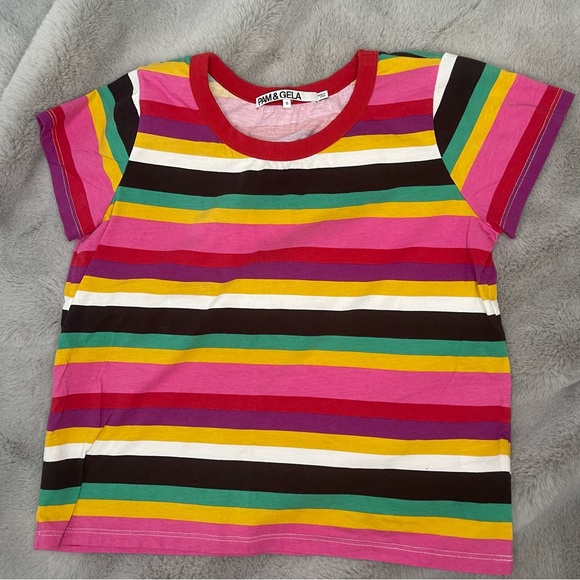 PAM & GELA Rainbow Stripe Crewneck Tee Small Y2K Retro size Small - Picture 2 of 7